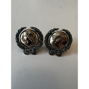 Estate Sterling Silver 925 Marcasite Cameo Palladium Plated Wreath Clip Earring